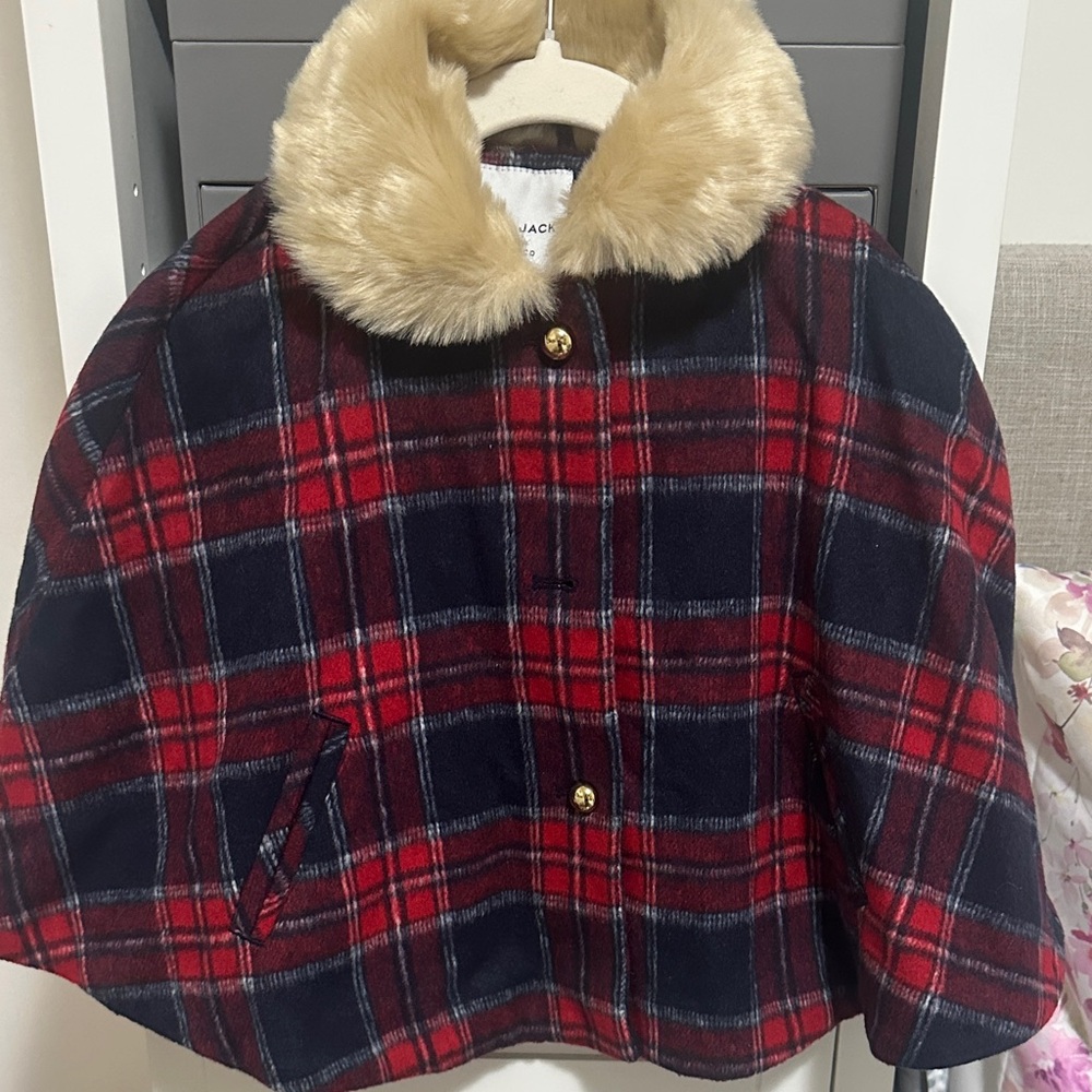 Janie and Jack Red Plaid Cape with Faux Fur Collar